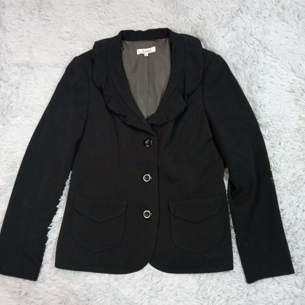 Vintage Atelier Womens Suit Blazer Jacket Black 10 Pockets Three Button Collar